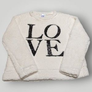 Venus Women's L White Fluffy Sherpa LOVE Long Sleeve Pullover Sweater Sweatshirt
